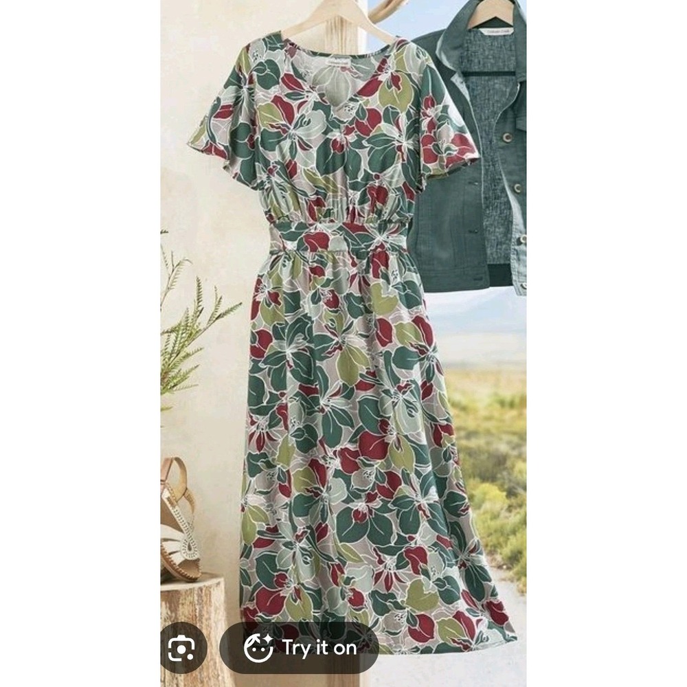Coldwater Creek 3X Floral Tropical Maxi Dress Teal Red V-Neck Smocked Waist